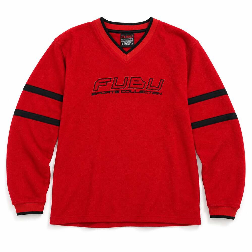 Vintage FUBU Sports Collection Red V-Neck Fleece Pullover Sweater